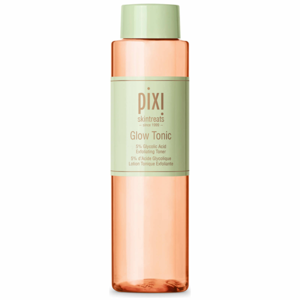 Un flacon de 250 ml de PIXI Glow Tonic Lotion Tonique Exfoliante arbore une étiquette vert clair sur un contenant orange translucide. L'étiquette met en valeur « Tonique exfoliant à 5 % d'acide glycolique » ainsi que d'autres détails du produit. Son bouchon réfléchissant orange ajoute une touche d'élégance à son design. Dakar