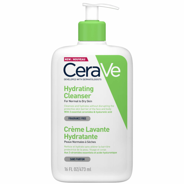 La Crème Lavante Hydratante Peaux Séchées de CeraVe, adaptée aux peaux normales à sèches, est conditionnée dans un flacon de 473 ml. Elle met en valeur une formule sans parfum enrichie en céramides essentiels et en acide hyaluronique, présentée dans un design apaisant vert et blanc. Dakar