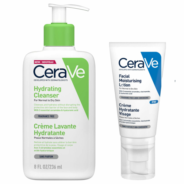 L'image présente les produits CeraVe, notamment le Duo Crème Lavante Hydratante et la Crème Hydratante Visage (Soir), tous deux conçus pour les peaux normales à sèches. Chaque produit est sans parfum, développé par des dermatologues et porte clairement la marque CeraVe. Dakar