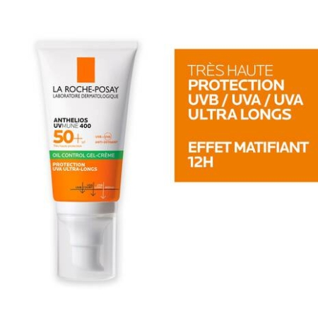 L'image présente un flacon de gel-crème SPF50+ Anthelios UVMUNE 400 de La Roche-Posay, mis en valeur par son emballage orange et blanc distinctif. Il offre une protection UVB/UVA supérieure et assure un effet matifiant de 12 heures pour une peau éclatante et sans brillance tout au long de la journée. Dakar