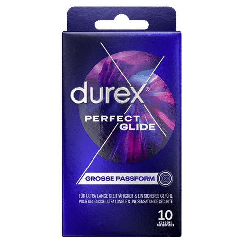 Une boîte de préservatifs "Durex Préservatifs Extra Lubrification X10 Perfect Gliss Durex" au design violet et bleu et au texte en allemand