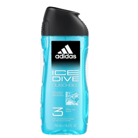 Un flacon de 250 ml (8,4 fl oz) de gel douche ADIDAS Gel douche Homme IceDive avec un bouchon noir. Le flacon bleu transparent arbore le logo emblématique Adidas et le nom du produit en texte blanc, offrant un nettoyage revigorant parfait pour une expérience de douche énergisante. Dakar