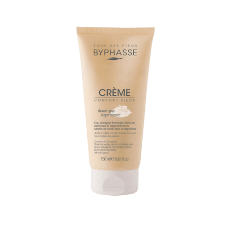 Un tube de 150 ml de crème pour les pieds BYPHASSE Crème de Soin Confort Pieds est joliment emballé dans un joli coloris beige. La description du produit met en avant une « expérience de spa à domicile » et contient un extrait de fleur d'oranger apaisant. Dakar