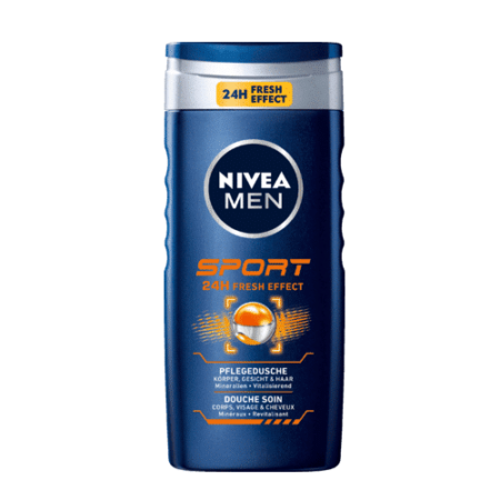 Un flacon bleu de gel douche NIVEA MEN Gel douche Sport 250 ml, rehaussé de détails et d'un texte orange vif. L'étiquette annonce avec assurance un effet frais 24 heures sur 24. Dakar