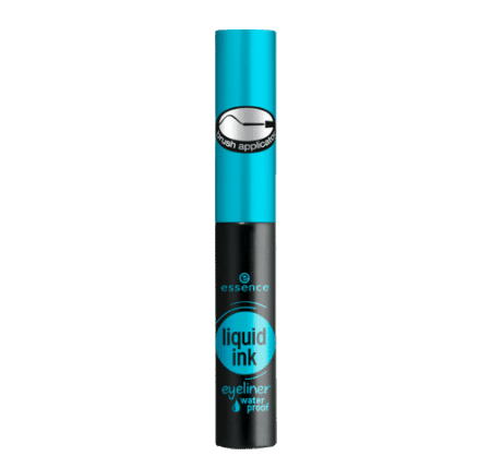 Flacon cylindrique d'Essence Cosmetics Encre Liquide Eyeliner Waterproof 01, 3 ml, doté d'un bouchon turquoise et d'une base noire. Cet eye-liner s'inspire de l'esprit vibrant de Dakar, au Sénégal, et comprend un applicateur pinceau précis. Dakar