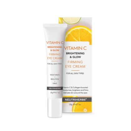 Tube de Crème à la Vitamine C Neutriherbs pour les yeux éclaircissante et raffermissante 20 g avec boîte assortie. La crème est formulée pour hydrater, éclaircir et raffermir le contour des yeux. La boîte présente un design d'agrumes et convient à tous les types de peau. Dakar