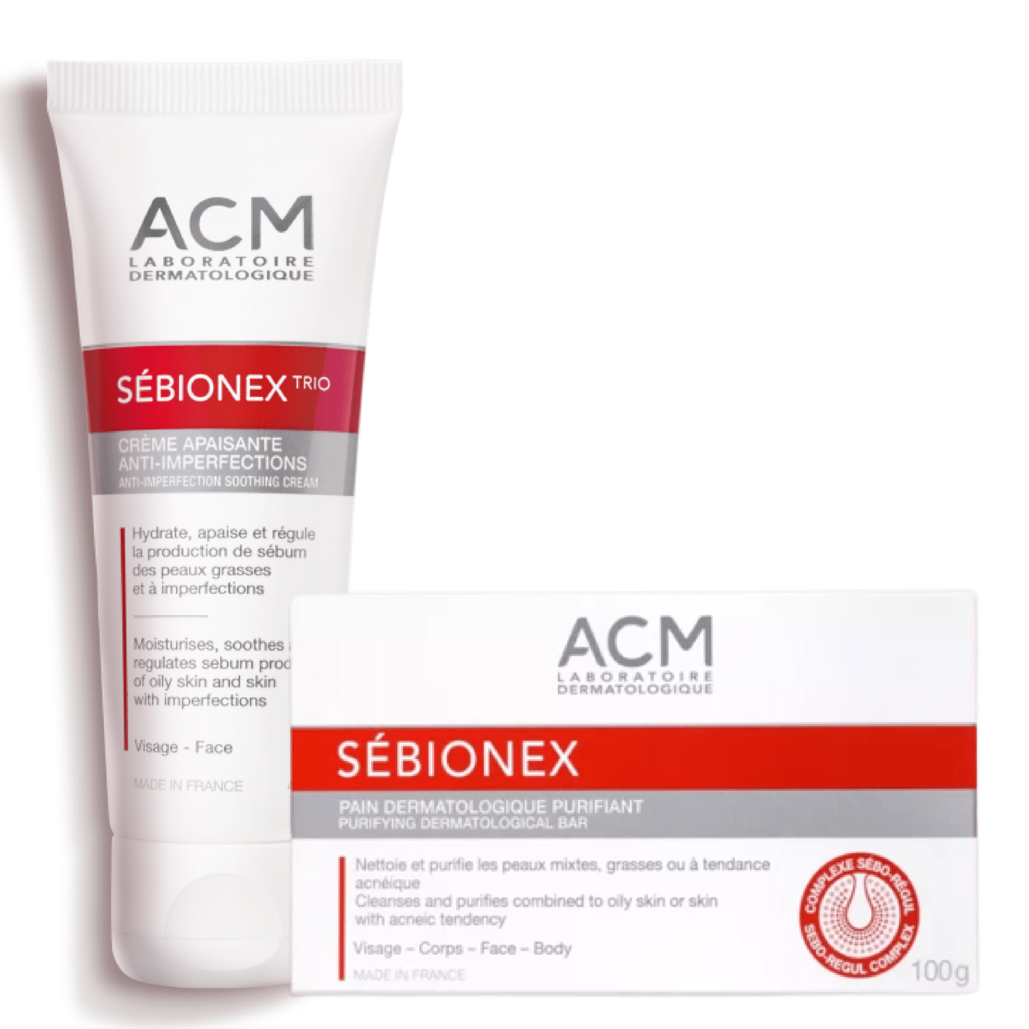 Un tube et une boîte de Acm Laboratoire Duo Soin Anti Boutons Et Point Noirs (Savon + Crème) pour les soins de la peau