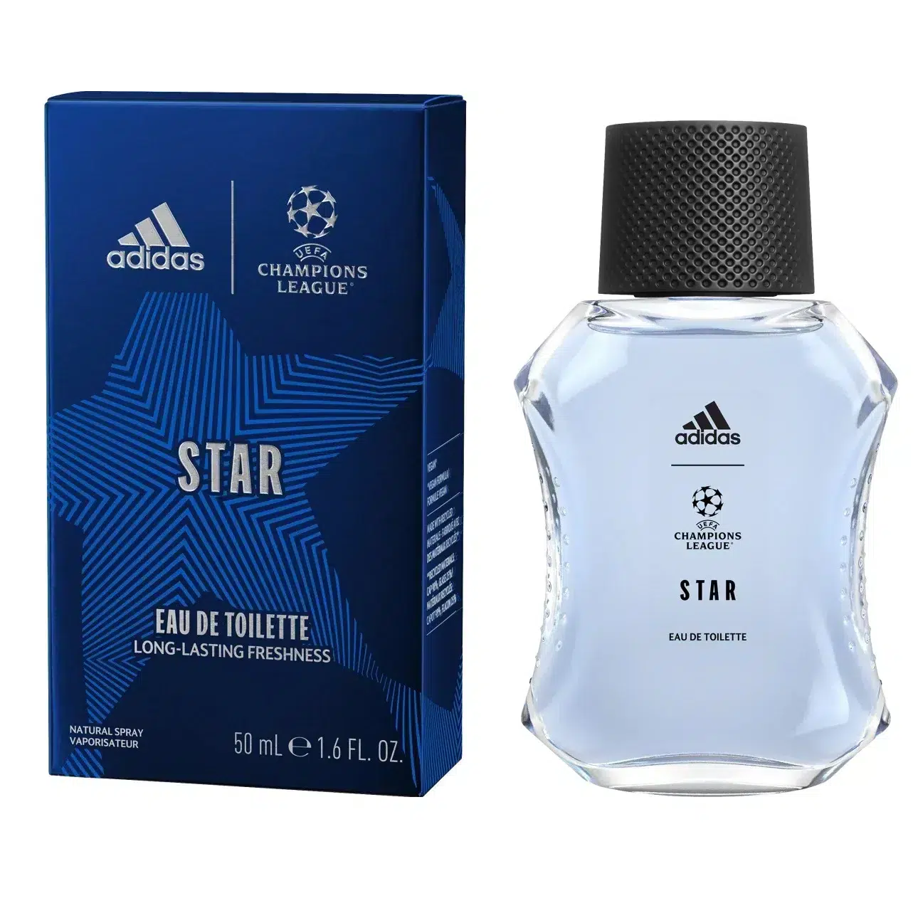 Un flacon de 50 ml d'Adidas Eau de Toilette Homme UEFA STAR et son élégant coffret bleu sont présentés côte à côte. dakar