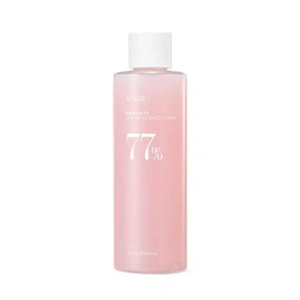 Un flacon transparent contenant du toner rose clair