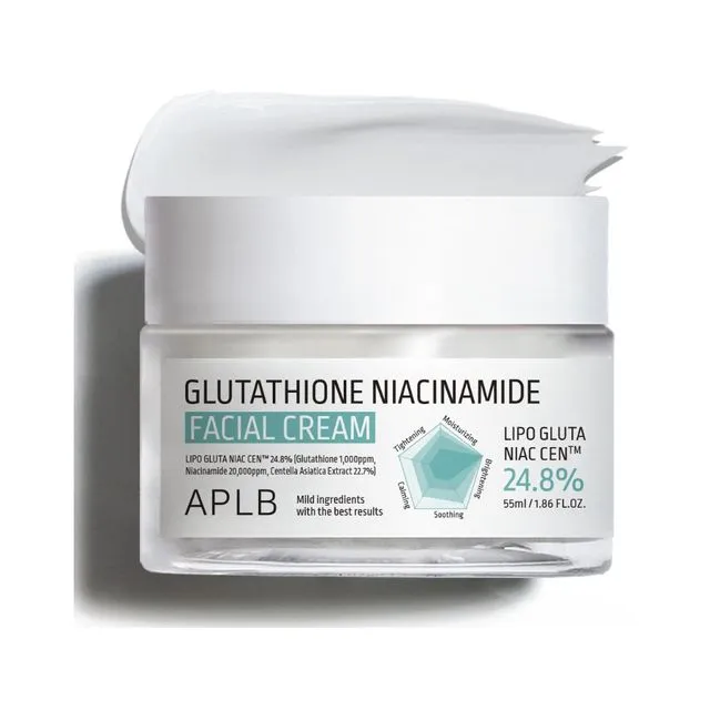 Un pot de APLB Glutathion Niacinamide Crème Visage Unifiant et Anti Age 55 ml mettant en avant ses ingrédients clés et sa concentration de 24