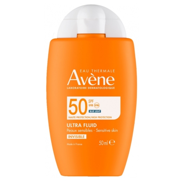 Flacon orange de crème solaire Avène Solaire Ultra Fluide Invisible SPF50 50 ml pour peaux sensibles