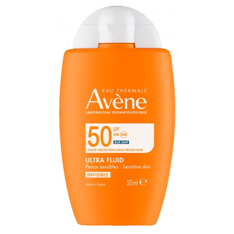 Flacon orange de crème solaire Avène Solaire Ultra Fluide Invisible SPF50 50 ml pour peaux sensibles