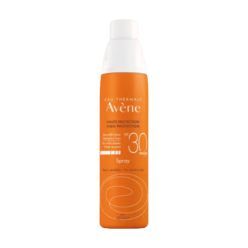 Flacon orange de Avène Crème Solaire en Spray Haute Protection SPF 30 pour peaux sensibles