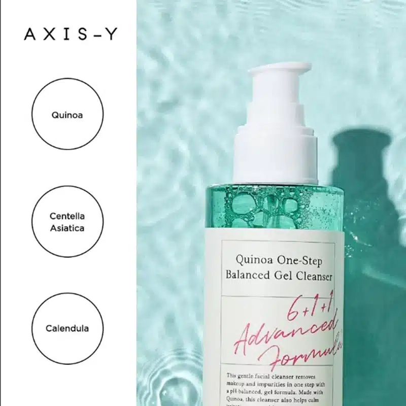 Un flacon d'Axis Y One Step Gel Nettoyant Équilibré au Quinoa 180 ml posé sur une surface réfléchissante