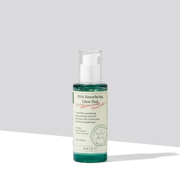 Un flacon de 50 ml d'Axis Y PHA Resurfacing Glow Peel avec un liquide vert et une pompe blanche