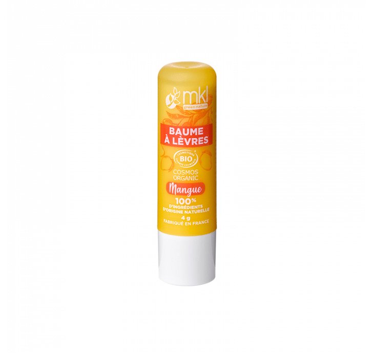 Un tube de baume à lèvres jaune avec une étiquette orange affichant "Baume à Lèvres" et "MKL Baume Lèvres certifié BIO - Mangue 4g" de MKL Green Nature