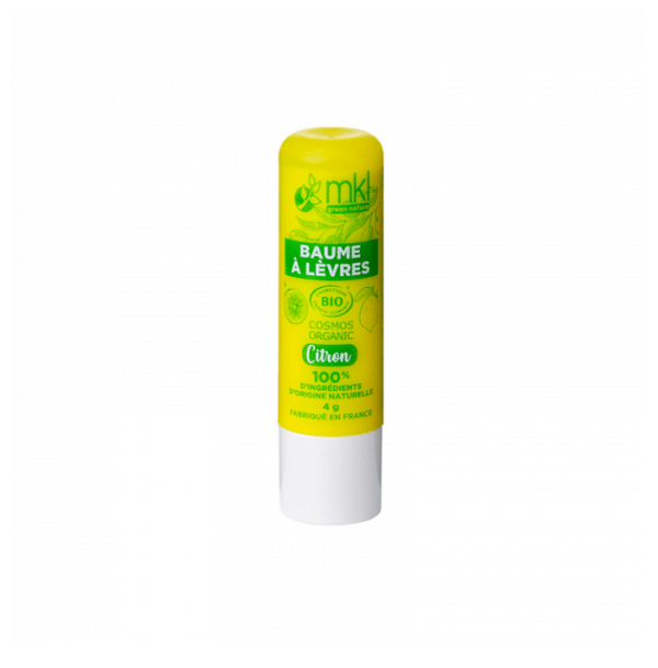 Tube jaune de MKL Baume Lèvres certifié BIO - Citron 4g de "mkl green nature" avec les labels "Baume à lèvres" et "Cosmos Organic"