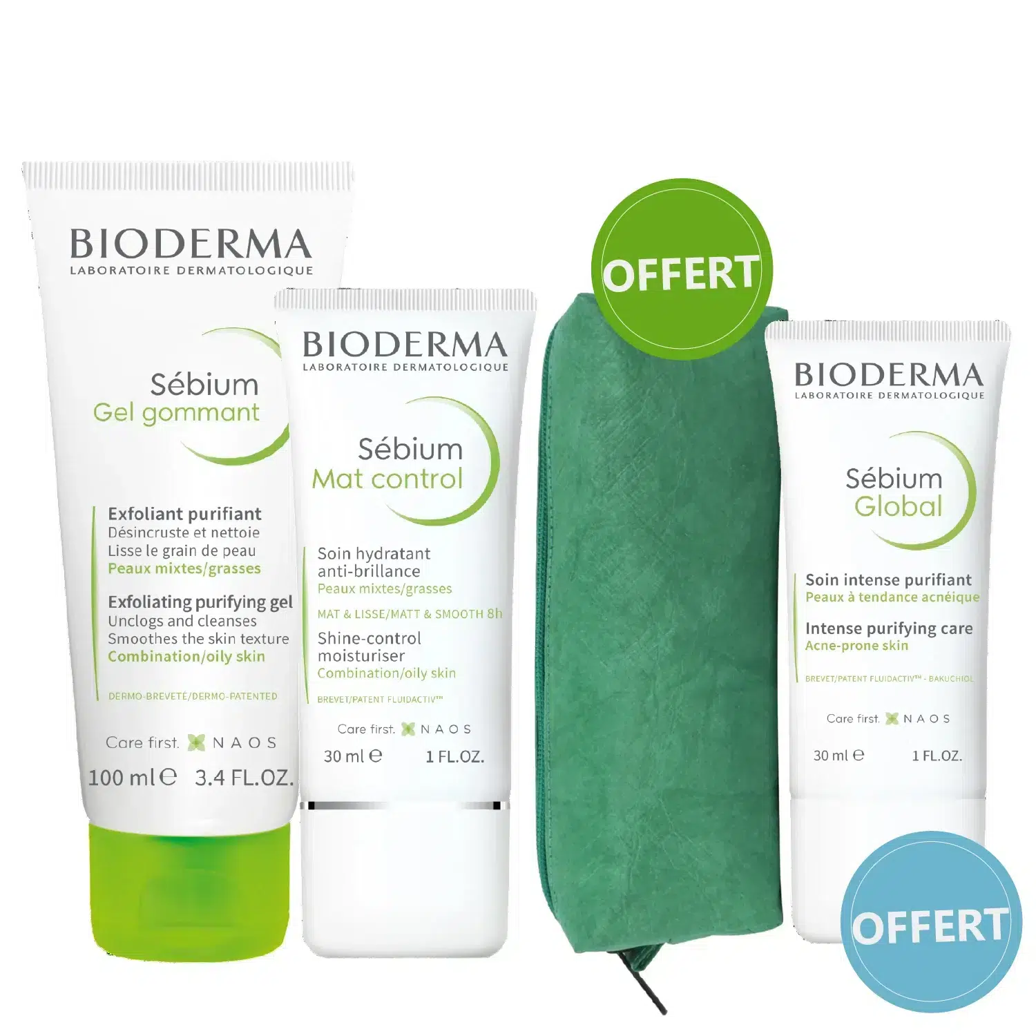 Un Pack Bioderma Soin Matifiant ET Purifiant Sébium Hydratant Mat Control + Gel Gommant comprend trois tubes de soins Bioderma et une pochette verte