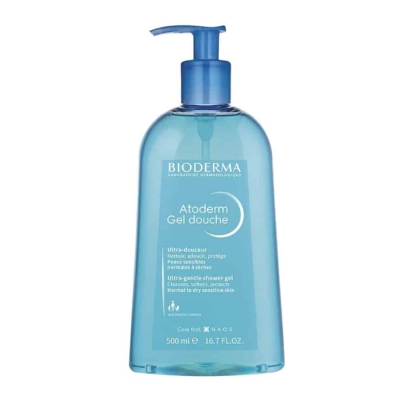 Flacon de Bioderma Atoderm Gel Douche (Petit Format) 500 ml avec pompe bleue