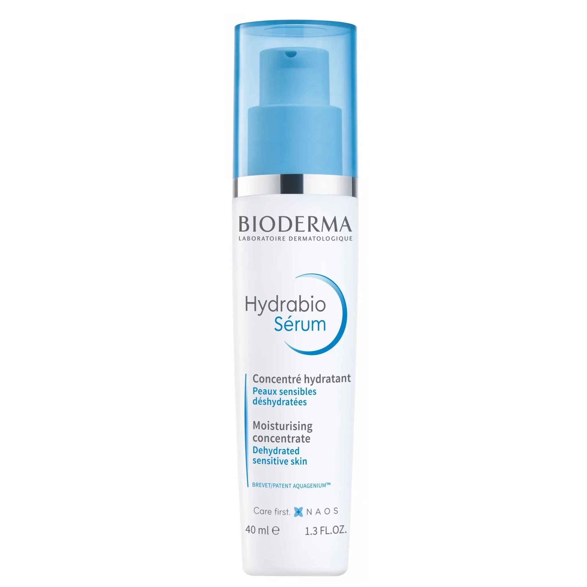 Flacon de 40 ml de Bioderma Hydrabio Sérum Concentré Générateur d'Hydratation avec une pompe bleue