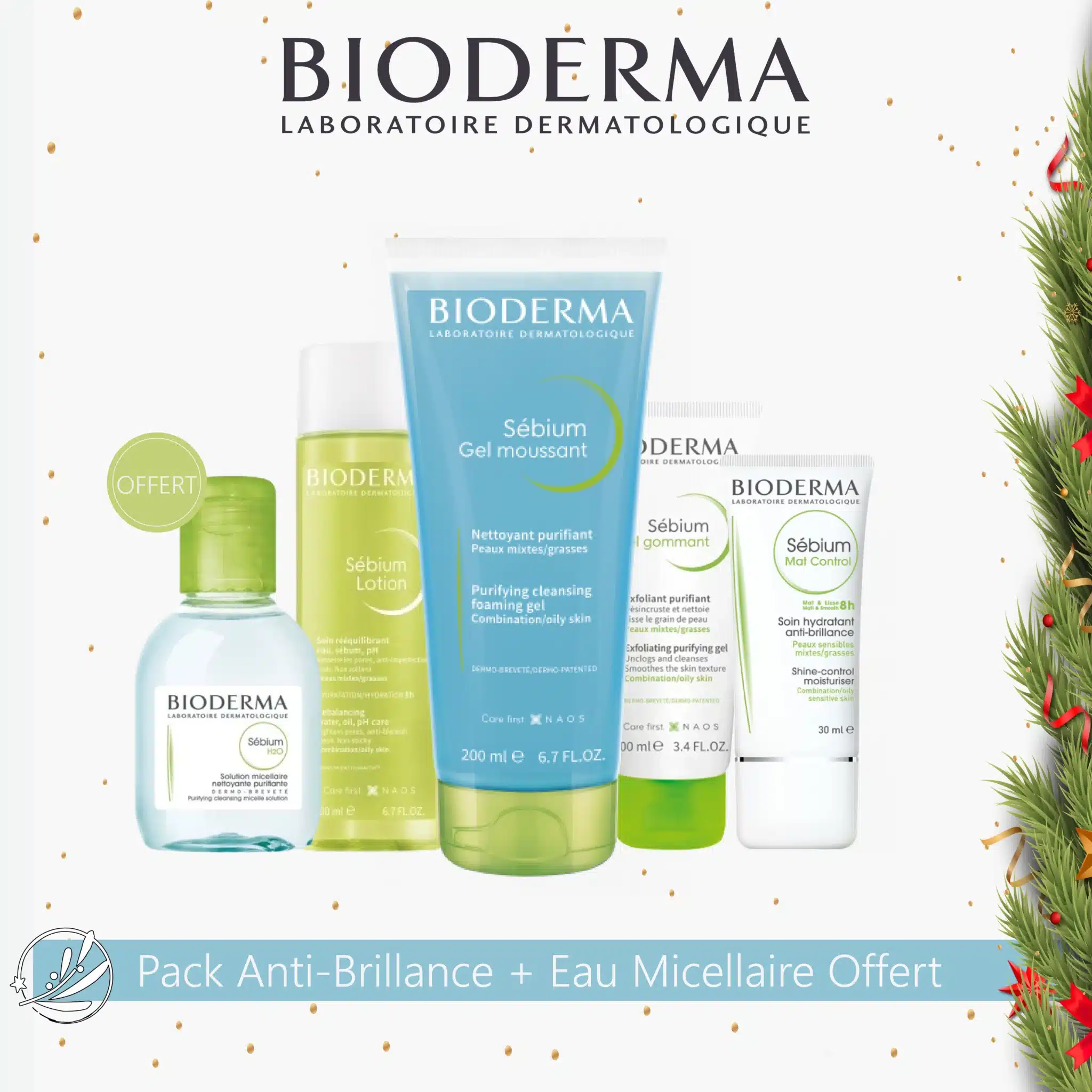 Coffret cadeau de produits de soin Bioderma Sebium Pack Anti-Brillance Et Matifiant Peau Mixte à Grasse sur fond festif