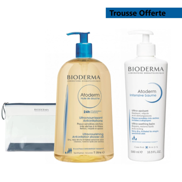 Flacons d'huile de douche et de lotion Duo Atoderm Ultra Hydratant Et Apaisant de Bioderma avec trousse de toilette transparente sur fond blanc