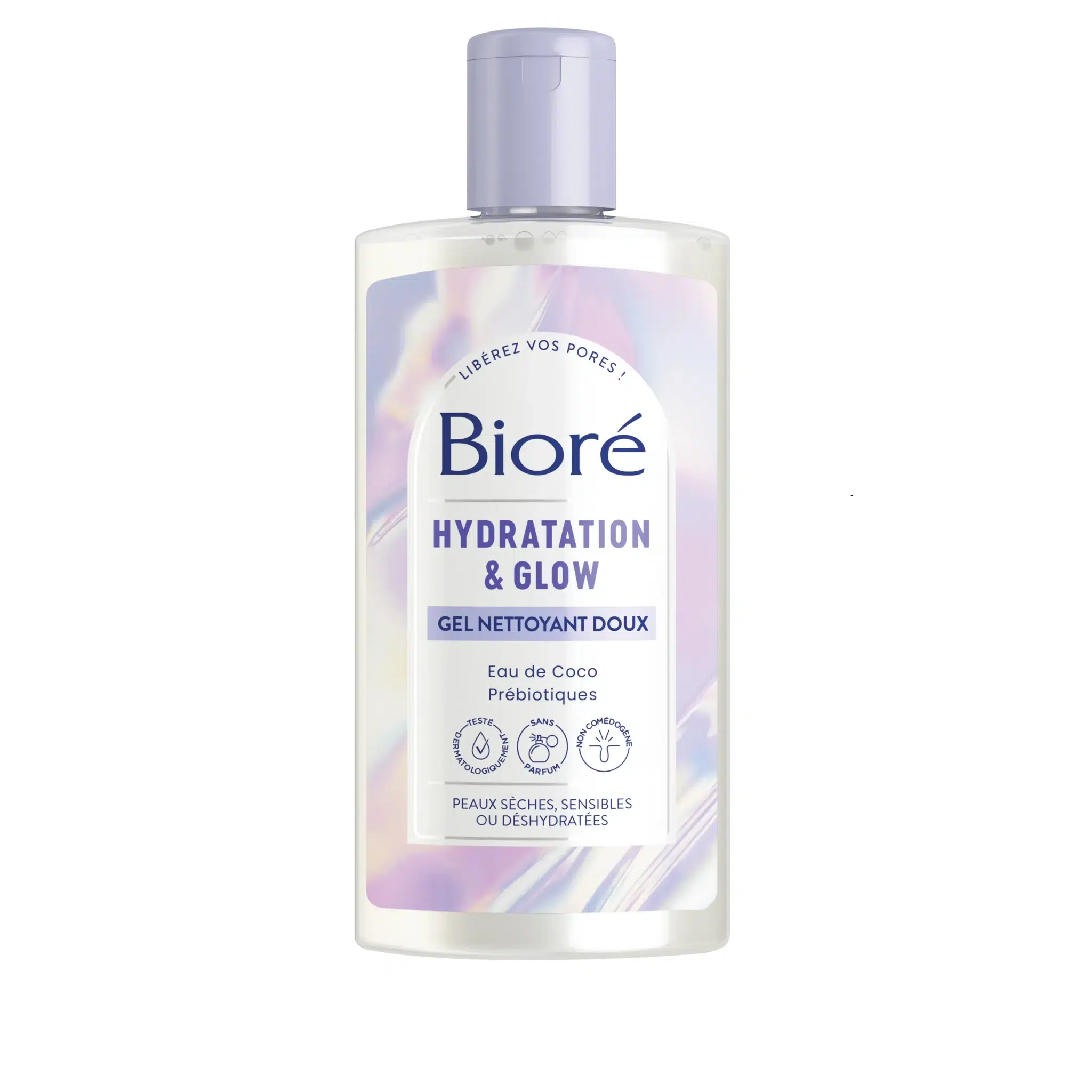 Un flacon de 200 ml de Bioré Gel Nettoyant Doux Hydratation et Glow avec un bouchon violet clair