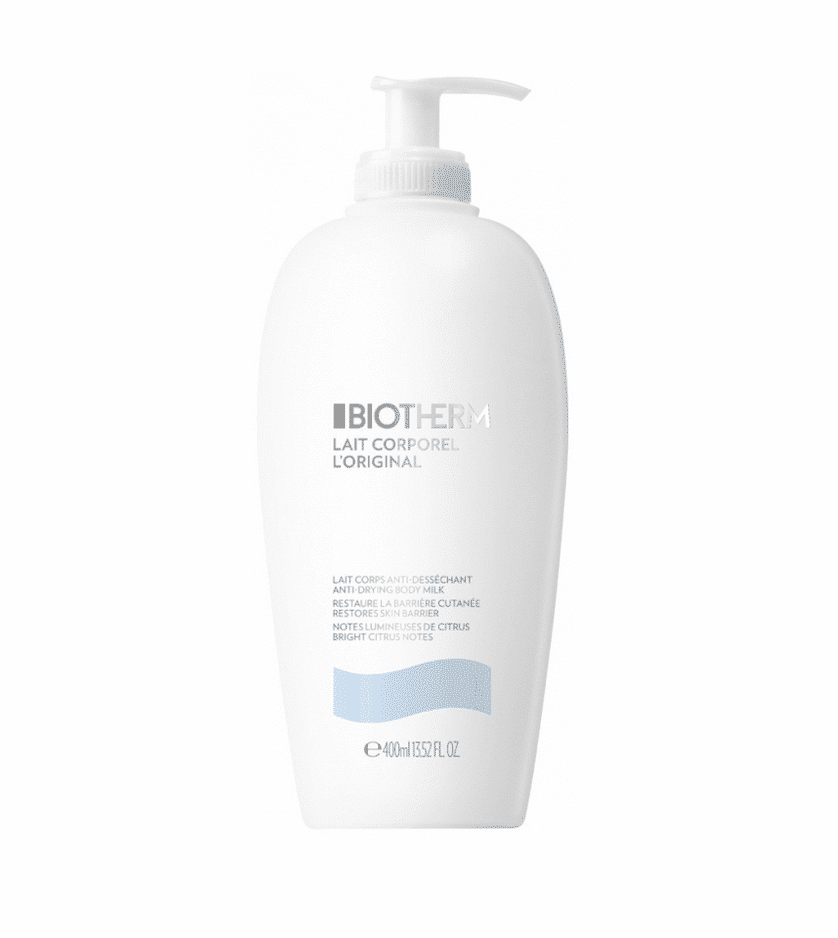 Un flacon blanc de Biotherm Lait Corporel L'Original Lait Corps Anti-Desséchant 400 ml avec pompe