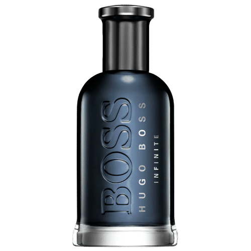 Un flacon bleu foncé d'Hugo Boss Eau de Parfum Infinite BOSS Bottled 50 ml avec "BOSS HUGO BOSS INFINITE" écrit sur le devant