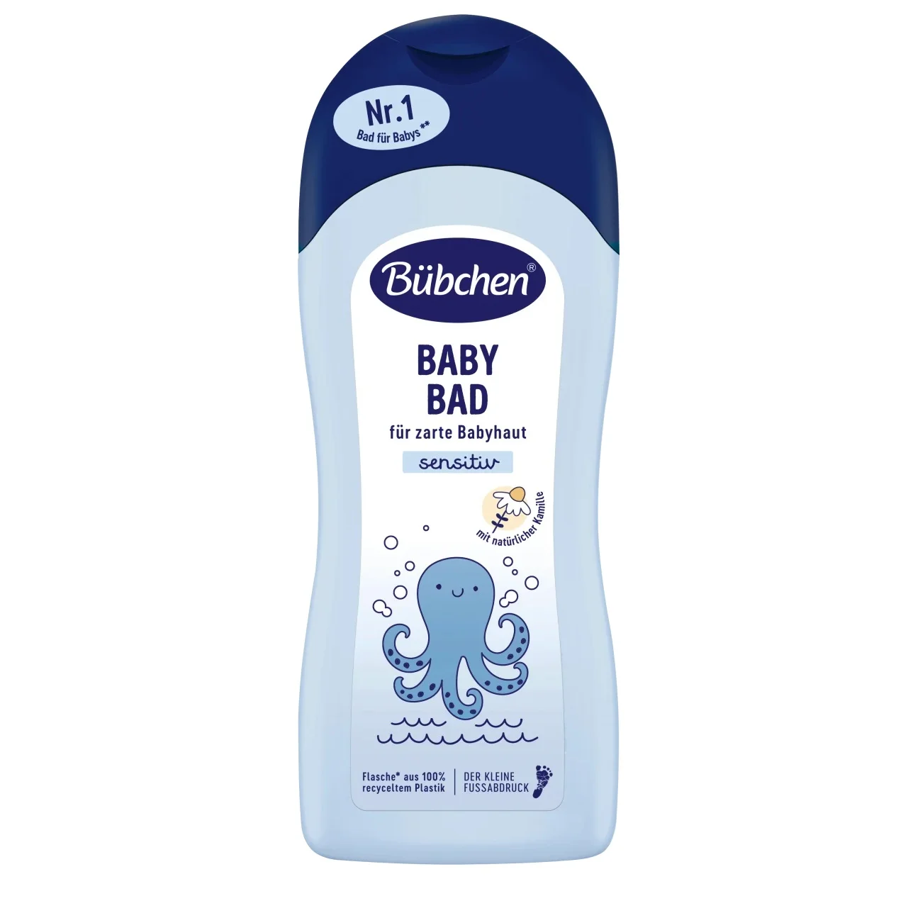 Une bouteille de produit de bain Bübchen Baby Bain Doux à Base de Plantes 1l avec un bouchon à clapet bleu