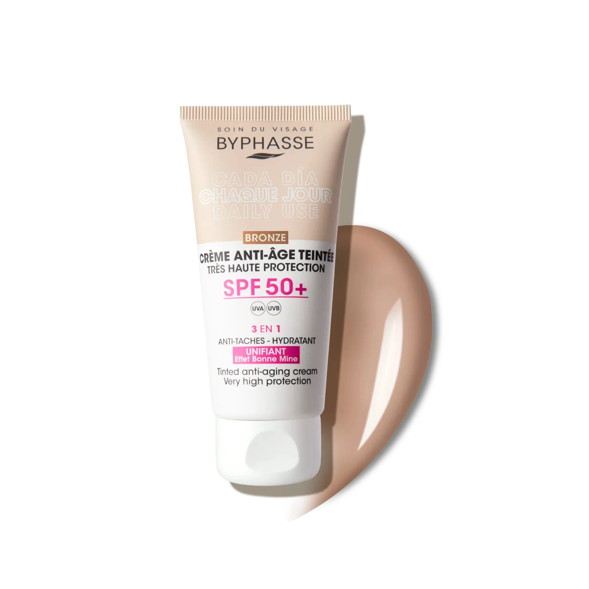 Un tube de 50 ml de Byphasse CRÈME Solaire ANTI-ÂGE SPF 50+ TEINTÉE BRONZE sur fond blanc avec un échantillon de crème à côté. dakar