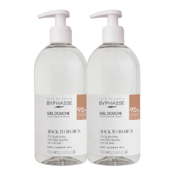 Deux flacons de Byphasse Gel Douche Avec Pompe Tous Types de Peaux 2x750 ml