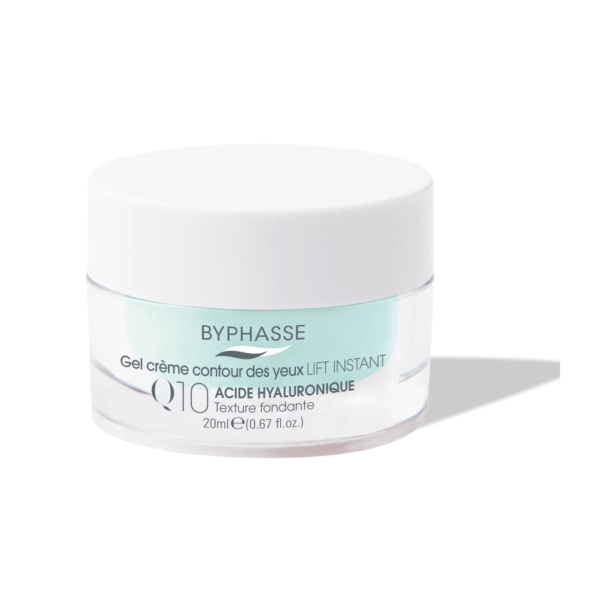 Un pot compact de 20 ml de crème contour des yeux BYPHASSE Gel crème lift instant Q10, enrichie en acide hyaluronique. Le pot au couvercle blanc affiche bien en évidence « Lift Instant » et « Texture fondante » sur son étiquette. Dakar