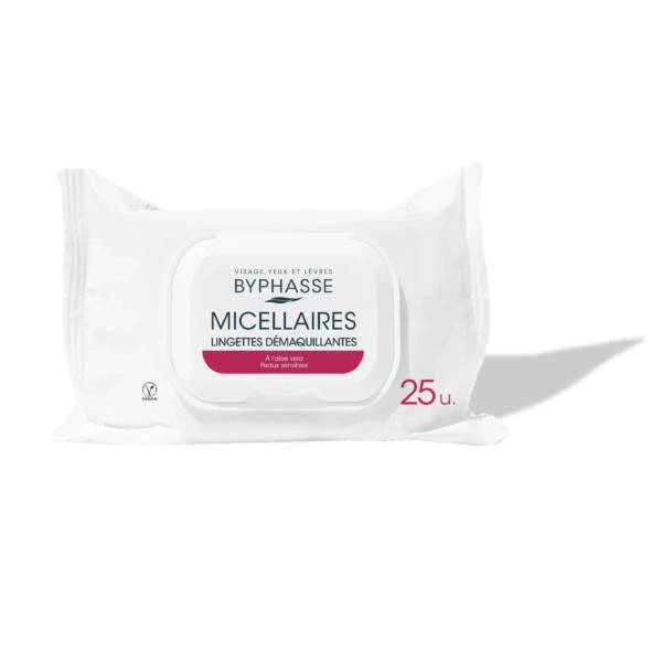 Le paquet blanc de Lingettes démaquillantes solution micellaire peaux sensibles BYPHASSE contient une formule douce à l'aloe vera, adaptée au visage, aux yeux et aux lèvres. Chaque paquet comprend 25 lingettes conçues pour un démaquillage efficace. Dakar