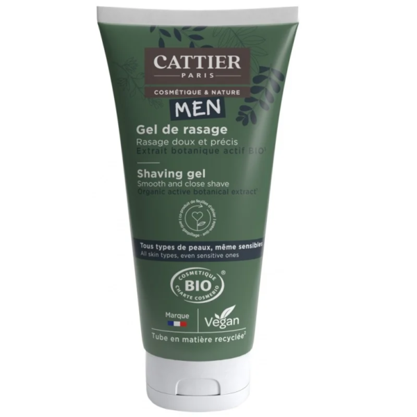 Tube vert de Cattier Men Gel de Rasage Formule Bio Actif 150 ml à l'extrait végétal pour un rasage de près et en douceur. Emballage vegan et écologique. dakar