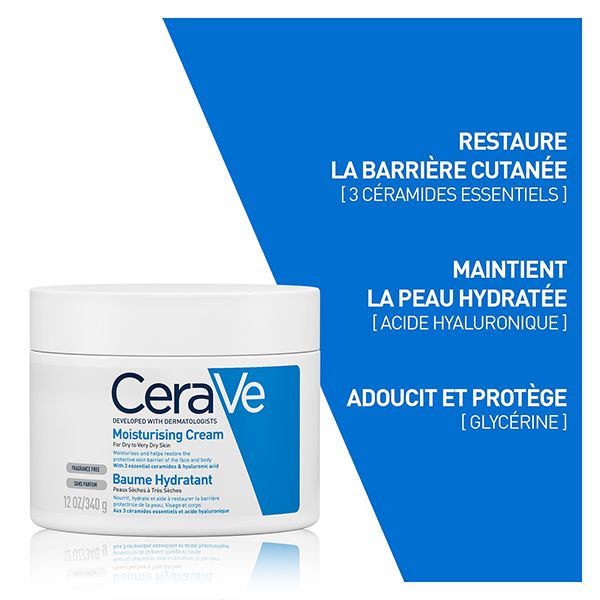 Cerave Baume Hydratant Conteneur de 340 g sur fond bleu mettant en évidence les céramides essentiels