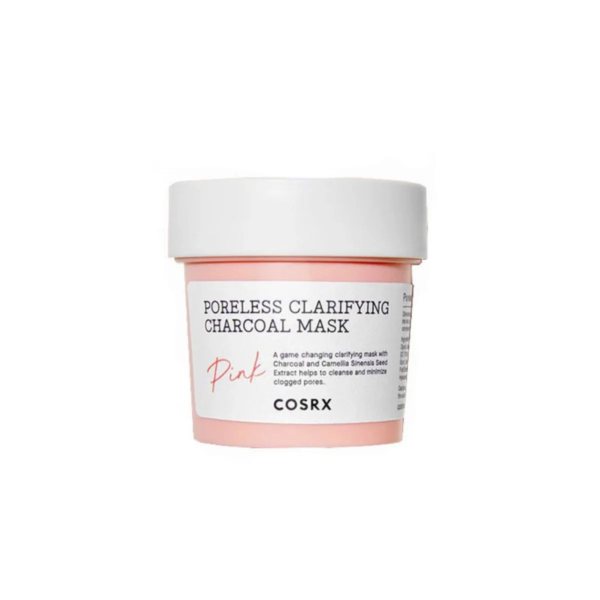 Un petit contenant rose et blanc étiqueté « Cosrx Masque Clarifiant et Purifiant Anti Pores Dilates au Charbon Poreless Rose 110 g » se dresse sur un fond blanc immaculé.