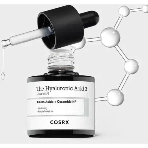 Un flacon compte-gouttes de Cosrx The Hyaluronic Acid 3 Sérum Hydratation Intense 20 ml avec un graphique moléculaire et un texte soulignant les bienfaits hydratants et de rétention d'humidité. dakar