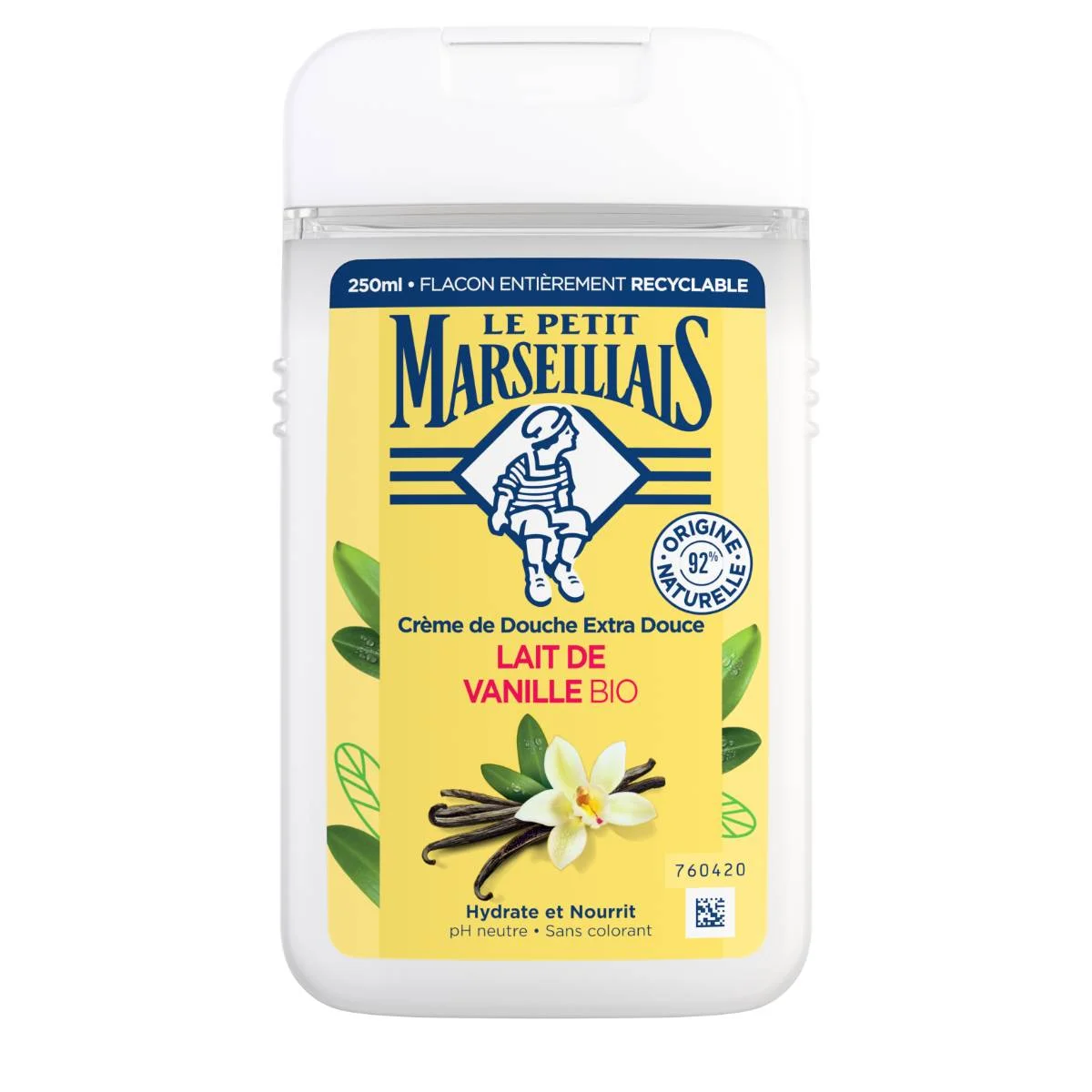 Le Petit Marseillais Crème de Douche Extra Douce Lait de Vanille Bio Flacon de crème de douche de 650 ml avec une étiquette jaune