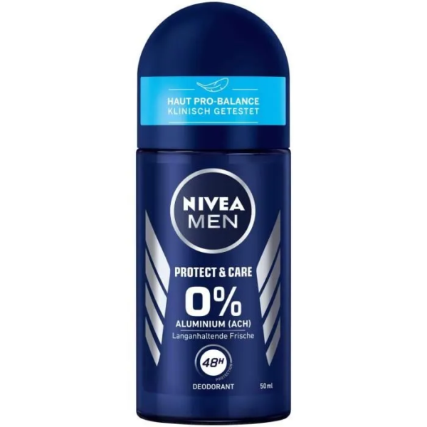 Nivea Men Déodorant et anti-transpirant Déo Roll-on Protect+Care 50 ml offre une fraîcheur durable de 48 heures avec 0% d'aluminium. Ce flacon bleu comporte du texte pour une identification facile. dakar