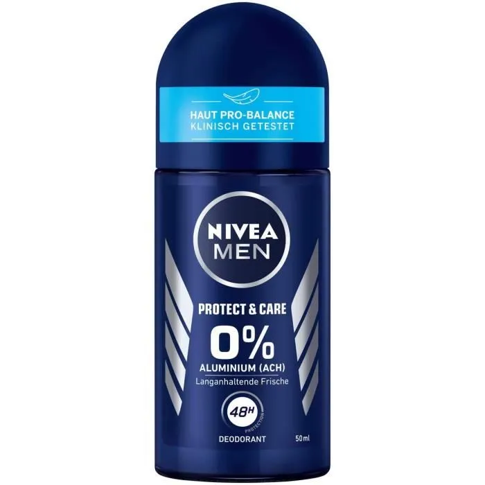 Nivea Men Déodorant et anti-transpirant Déo Roll-on Protect+Care 50 ml offre une fraîcheur durable de 48 heures avec 0% d'aluminium. Ce flacon bleu comporte du texte pour une identification facile. dakar