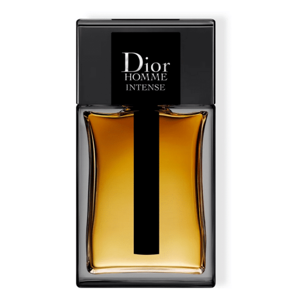 Un flacon de DIOR Dior Homme Intense Eau de Parfum pour homme 50 ml avec un liquide ambré à l'intérieur et un élégant capuchon noir