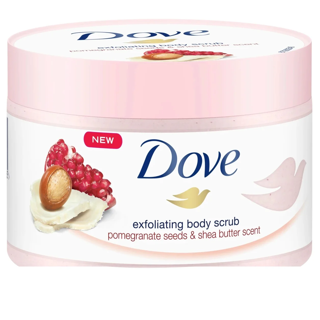 Le gommage corporel exfoliant Dove Gommage Corporel Grenade et Beurre de Karité 225 ml est présenté dans un contenant rose