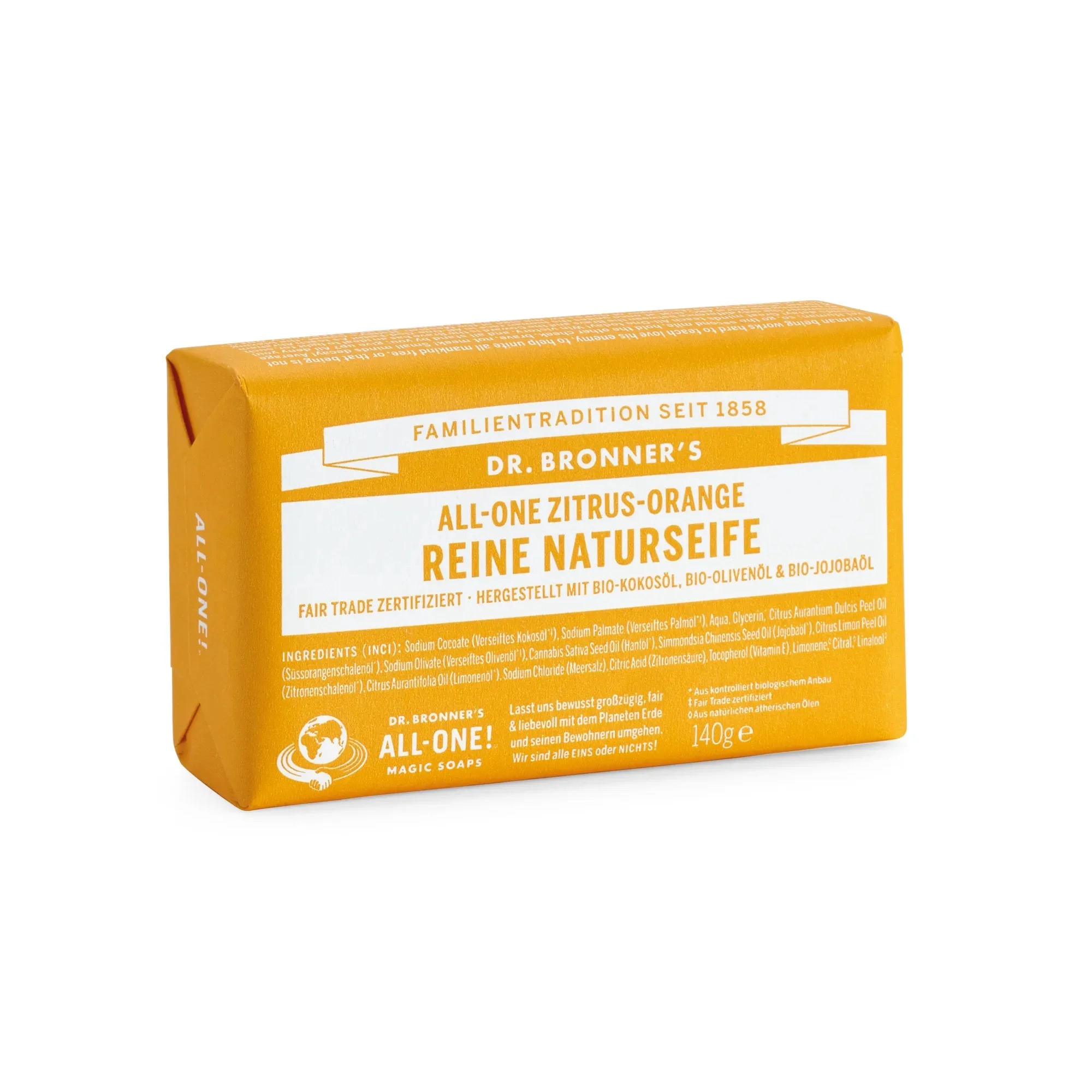 Une barre de 35 g de savon Dr Bronner's Savon Naturel Pur Agrumes Orange avec un texte indiquant diverses certifications et ingrédients. dakar