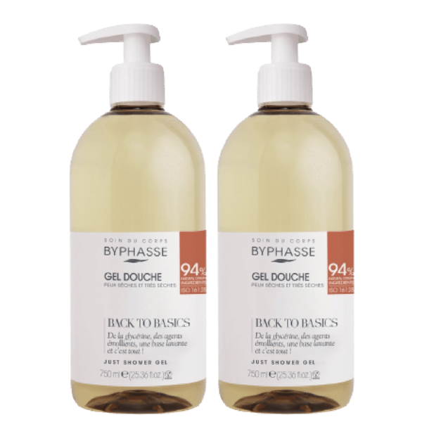 Deux flacons de Byphasse Duo Gel Douche Avec Pompe Peaux Sèches 2 x 750 ml