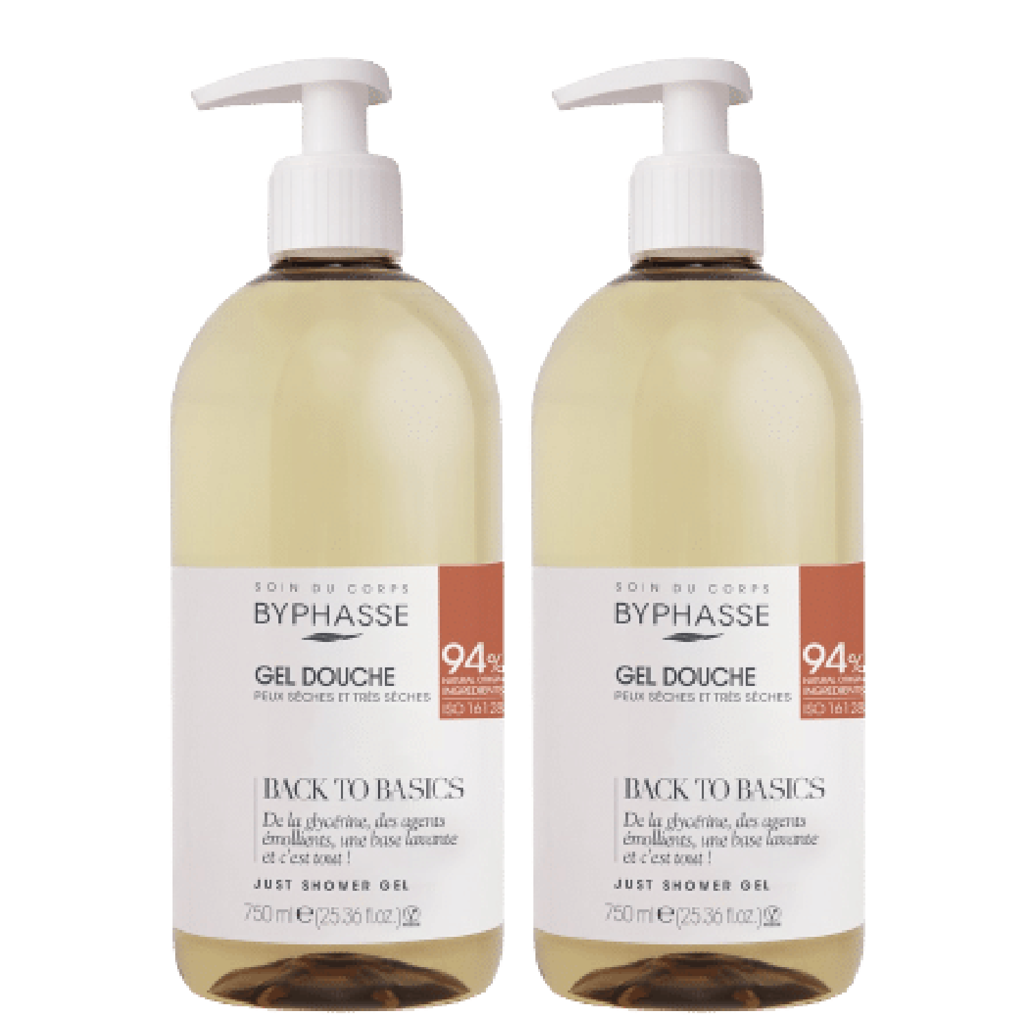 Deux flacons de Byphasse Duo Gel Douche Avec Pompe Peaux Sèches 2 x 750 ml