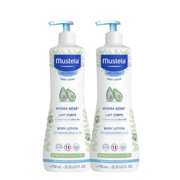 Deux flacons de Mustela Hydra Bébé Lait Corps 2x750 ml