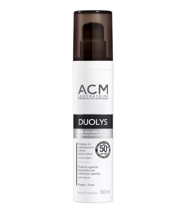 Un flacon de ACM Crème DUOLYS Solaire SPF 50+ 50 ml