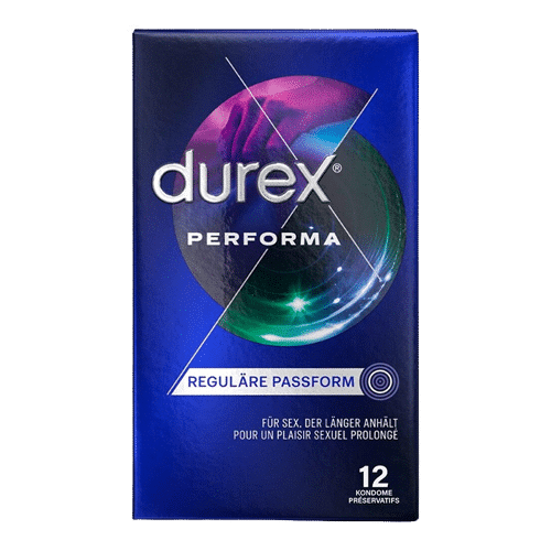 Durex Performa avec Gel Légèrement Anesthésiant Boite de 12 avec texte en plusieurs langues