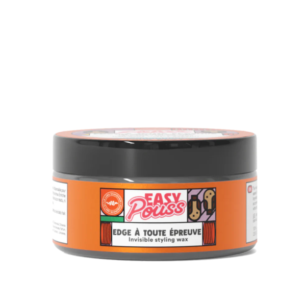 Pot de Cire Coiffante Invisible Easy Pouss Edge 100 ml avec une étiquette orange et un couvercle noir sur fond blanc. dakar